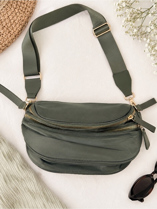 Handbags - Olive Green Nylon Crossbody Belt Bag Gold Hardware